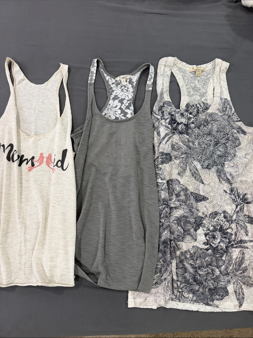 3 Women's Racerback Tank Tops - Gray, Light Gray, Floral